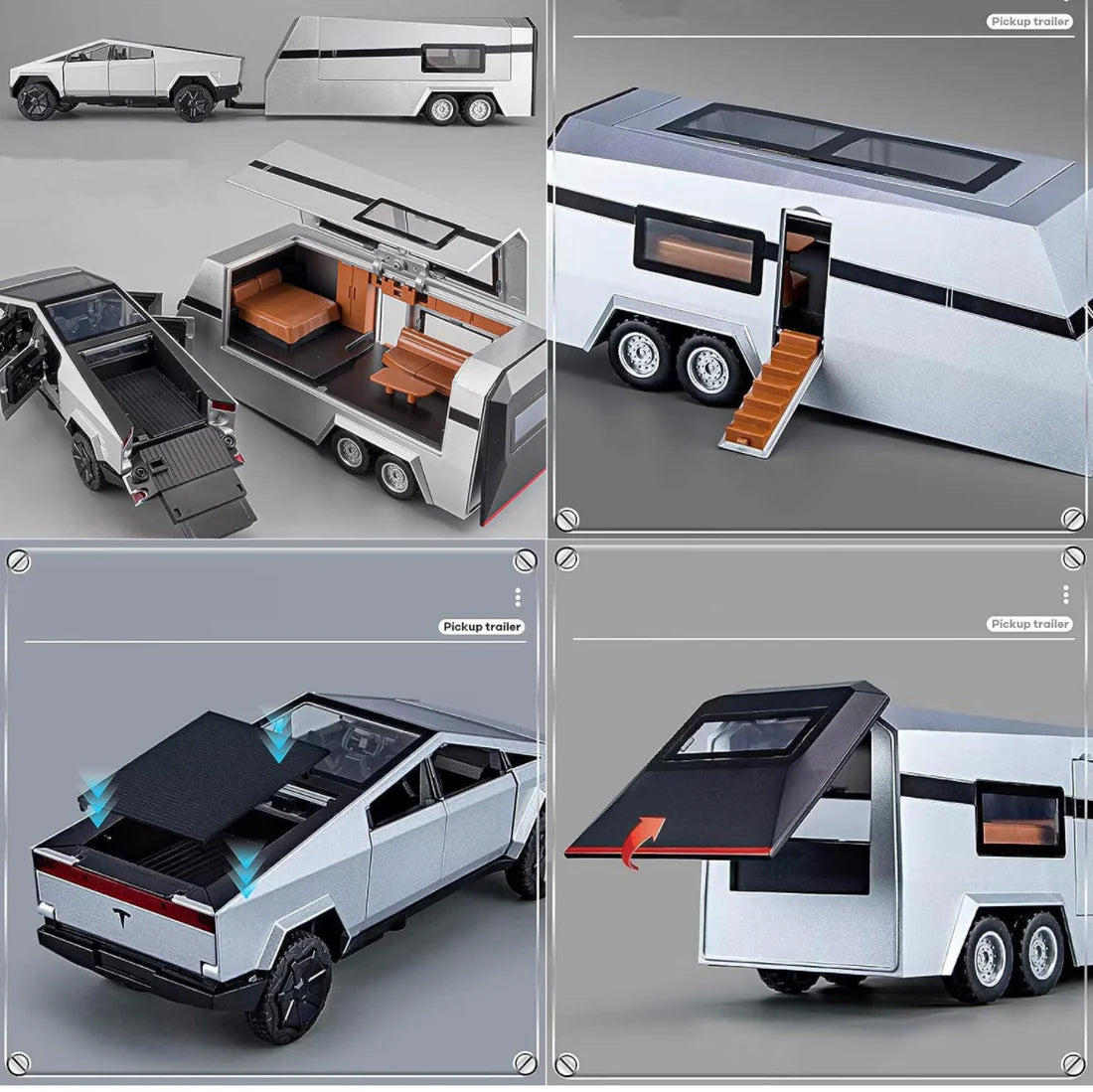 Metal body Tesla Cybertruck with Pickup Trailer Alloy Car Model