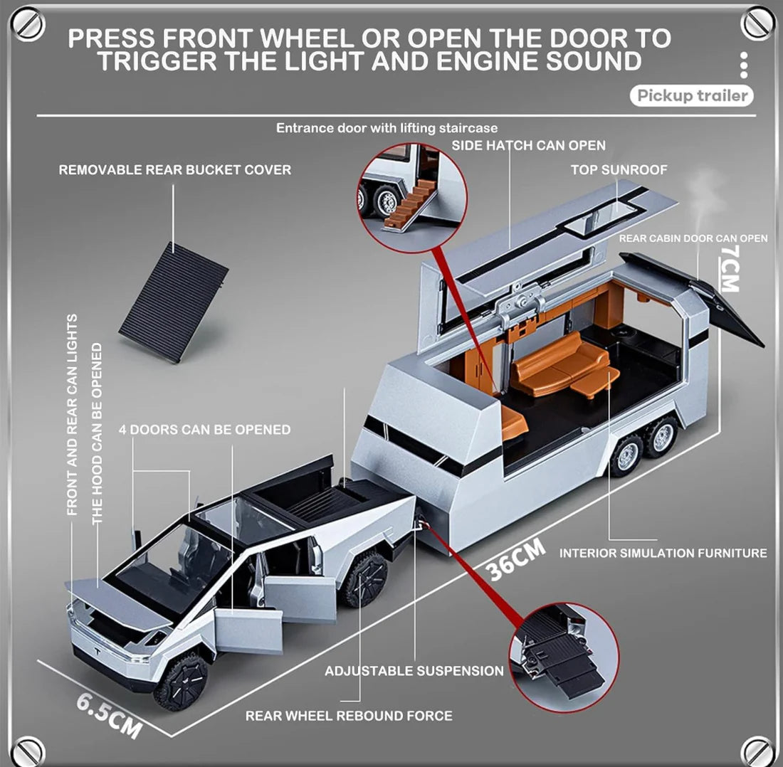 Metal body Tesla Cybertruck with Pickup Trailer Alloy Car Model
